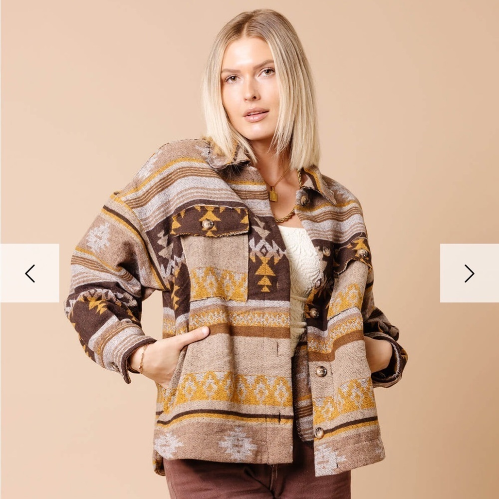 New In raw hem aztec print brown mustard long sleeve button down jacket shirt